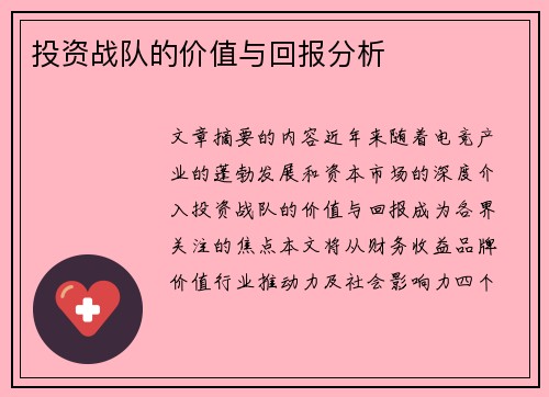 投资战队的价值与回报分析